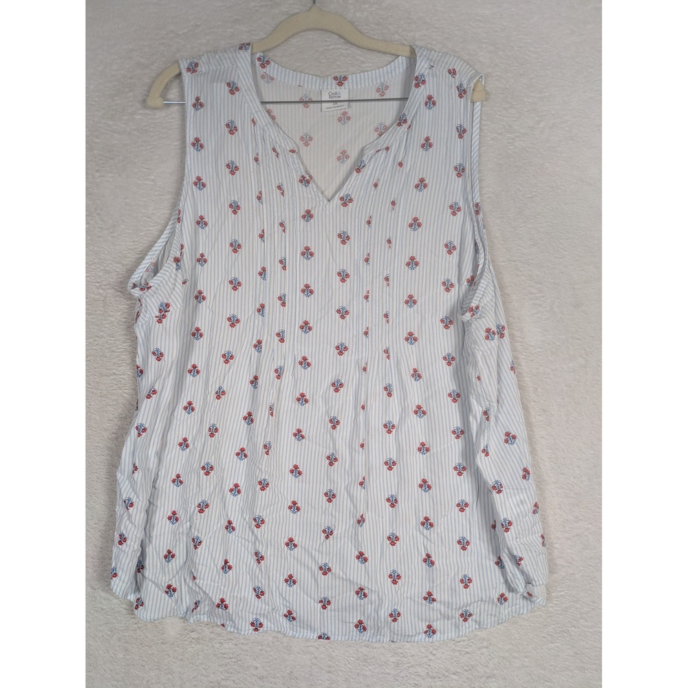 Croft & Barrow Tank Top Women's 2X Blue White Striped Floral Pintuck V-Neck